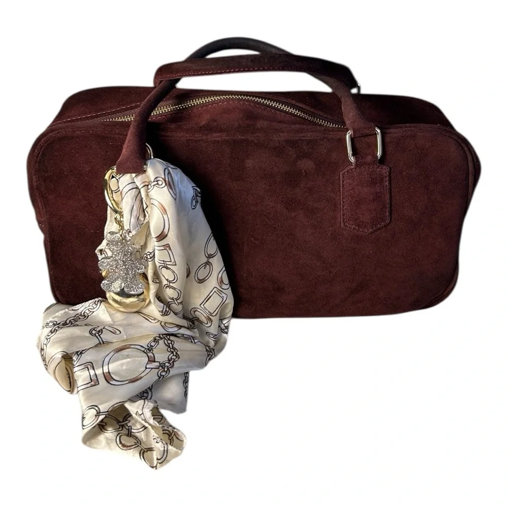 ISADORA Wine Suede Genuine Leather Chic Suede Satchel with bag charms and scarf